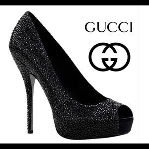 Gucci Black Satin Strass Embroidered Sofia Etoile Peep Toe Pumps Size 37.5 🔥